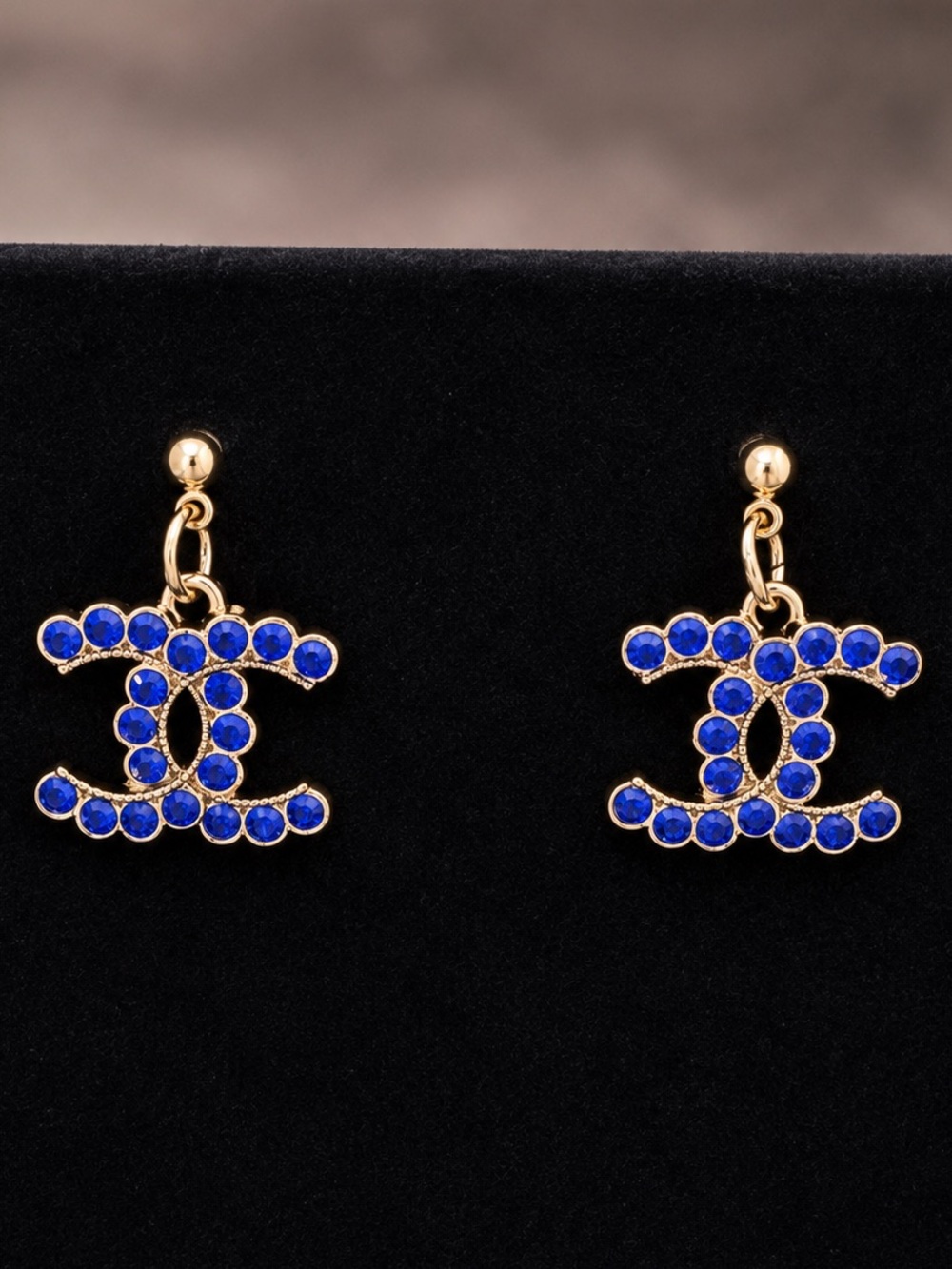 CHANEL Gold-Tone CC Drop Earrings with Royal Blue Crystals